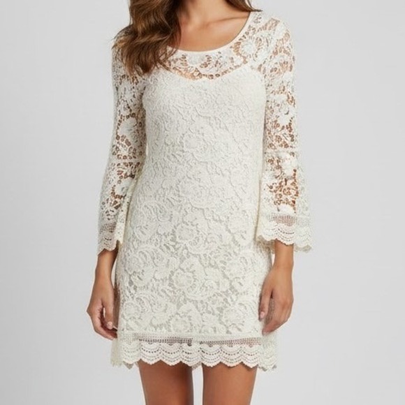 Lovecat Hippie Lace Crochet Cream Mini Dress Lined Scalloped Hippie 70s Style - Picture 1 of 9